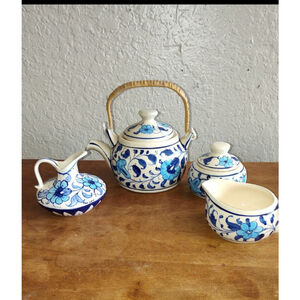 Vintage White Hand-painted Blue Floral Ceramic Tea Set Serveware One Size